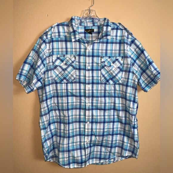 Helix Men’s Blue Plaid Print Short Sleeve Button Down Shirt Size XXL NWOT - Picture 1 of 8